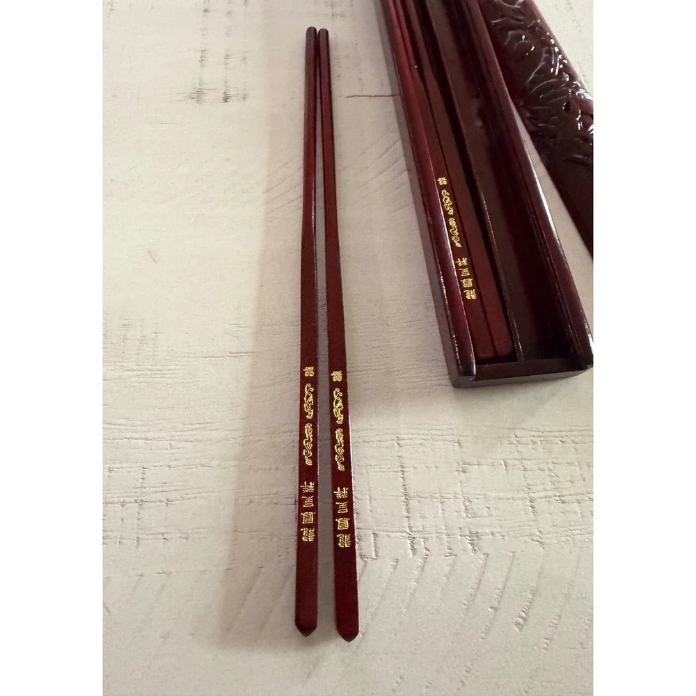 Vintage Carved Wood Dragon Chopstick Set with Matching Case Dark Red‎ Wood